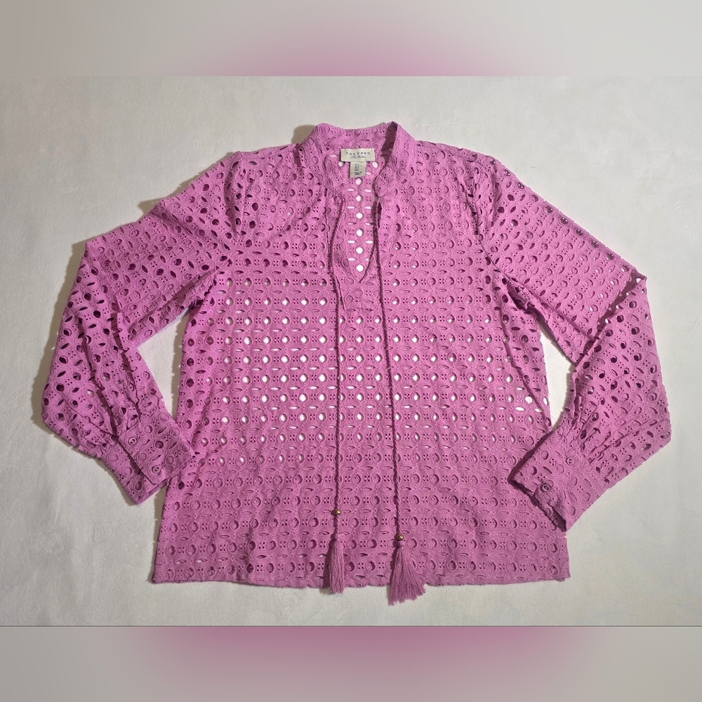 Calypso St. Barth Pink Eyelet Cotton Tassel Blouse Size Small